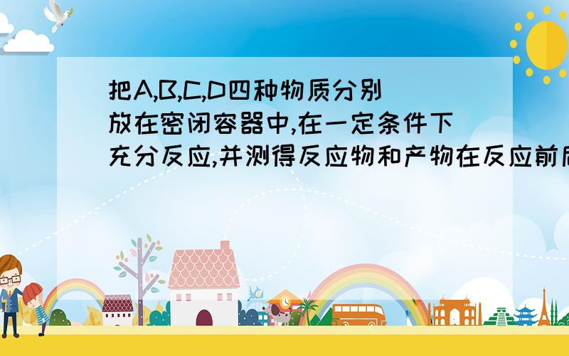 把A,B,C,D四种物质分别放在密闭容器中,在一定条件下充分反应,并测得反应物和产物在反应前后各物质的质量如下表表示：物质 A B C D反应前质量/g 19.7 8.7 21.6 0.4反应后质量/g 待测 17.4 0 3.6下列