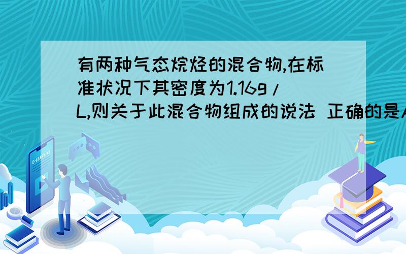 有两种气态烷烃的混合物,在标准状况下其密度为1.16g/L,则关于此混合物组成的说法 正确的是A一定有甲烷B一定有乙烷C可能是甲烷和戊烷的混合物D可能是乙烷和丙烷的混合物我知道答案是A,也