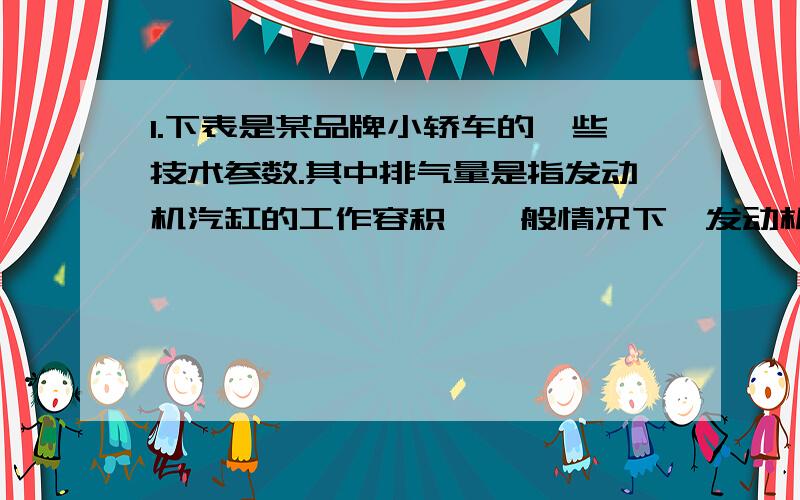 1.下表是某品牌小轿车的一些技术参数.其中排气量是指发动机汽缸的工作容积,一般情况下,发动机的排气量越大,功率越大.空燃比是指气缸内空气和燃油的质量比.汽油的热值表示每千克汽油