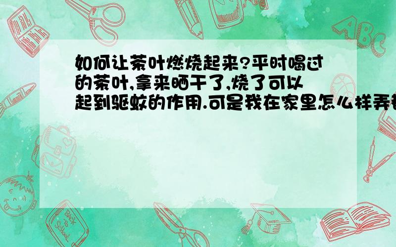 如何让茶叶燃烧起来?平时喝过的茶叶,拿来晒干了,烧了可以起到驱蚊的作用.可是我在家里怎么样弄都烧不起来,拿报纸包起来都不能让它燃烧,纸烧到有茶叶的地方都不能烧了,