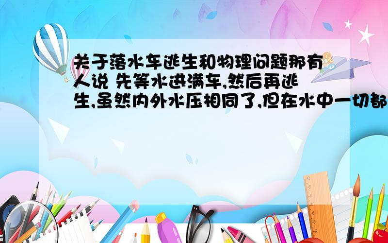 关于落水车逃生和物理问题那有人说 先等水进满车,然后再逃生,虽然内外水压相同了,但在水中一切都比我们想象中麻烦N倍.注意,他说“虽然内外水压相同”,我看科教10说是水压差才会导致打