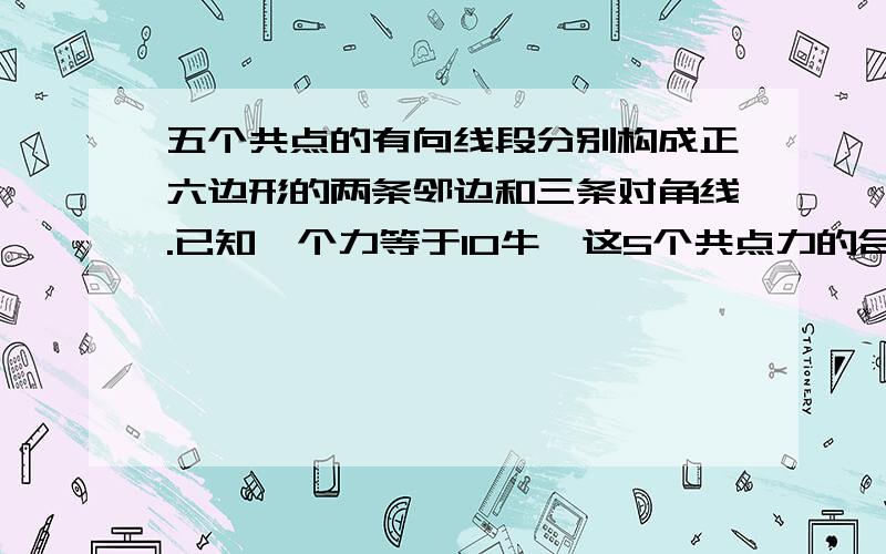 五个共点的有向线段分别构成正六边形的两条邻边和三条对角线.已知一个力等于10牛,这5个共点力的合力为