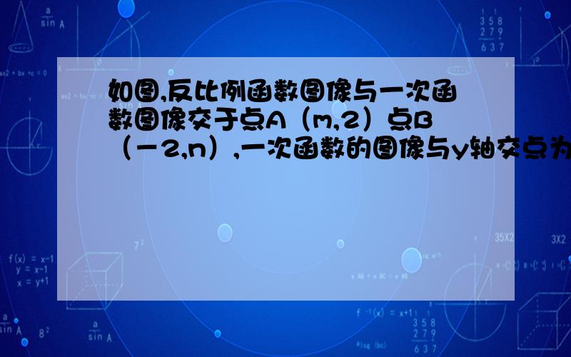 如图,反比例函数图像与一次函数图像交于点A（m,2）点B（－2,n）,一次函数的图像与y轴交点为C.（1）求一次函数解析式.（2）求C点坐标