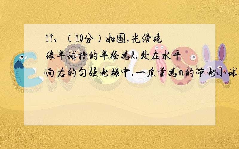 17、（10分）如图,光滑绝缘半球槽的半径为R,处在水平向右的匀强电场中,一质量为m的带电小球从槽的右端A处无初速沿轨道滑下,滑到最低点B时,球对轨道的压力为2mg．求．求（1）小球受到的