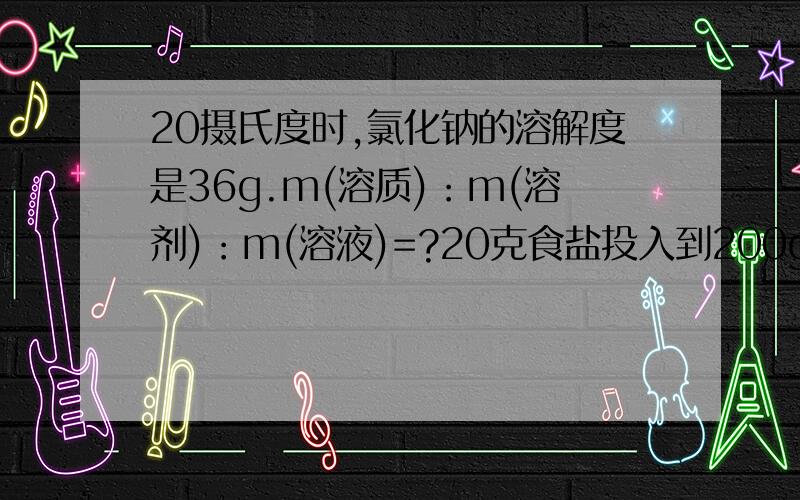 20摄氏度时,氯化钠的溶解度是36g.m(溶质)：m(溶剂)：m(溶液)=?20克食盐投入到200g水中,所的溶液为?20摄氏度时,氯化钠的溶解度是36g.m(溶质)：m(溶剂)：m(溶液)=?20克食盐投入到200g水中,所的溶液为