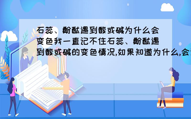 石蕊、酚酞遇到酸或碱为什么会变色我一直记不住石蕊、酚酞遇到酸或碱的变色情况,如果知道为什么,会记得住吧,