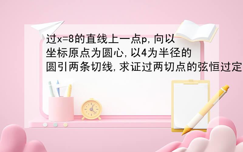 过x=8的直线上一点p,向以坐标原点为圆心,以4为半径的圆引两条切线,求证过两切点的弦恒过定点