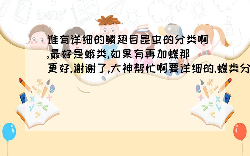 谁有详细的鳞翅目昆虫的分类啊,最好是蛾类,如果有再加蝶那更好.谢谢了,大神帮忙啊要详细的,蝶类分类总体我都全了,如有更详细的也好,蛾类分类要精确到属及其以下.不要只是推荐本什么