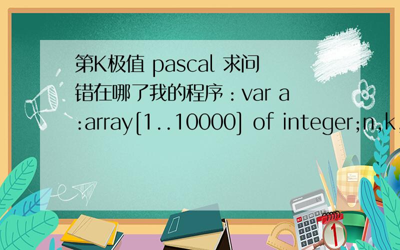 第K极值 pascal 求问错在哪了我的程序：var a:array[1..10000] of integer;n,k,i,j,m,t:integer;l,q:boolean;beginreadln(n,k);for i:=1 to n do read(a[i]);for i:=n downto 1 dofor j:=1 to i-1 dobegin if a[j] >a[i] then begint:=a[i];a[i]:=a[j];a[