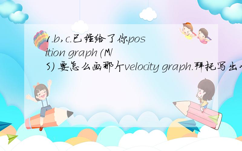 1.b,c.已经给了你position graph(M/S) 要怎么画那个velocity graph.拜托写出公式 2.同样在图片上的 求Displacement=?M