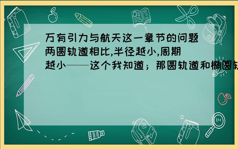 万有引力与航天这一章节的问题两圆轨道相比,半径越小,周期越小——这个我知道；那圆轨道和椭圆轨道相比呢?例如：一椭圆轨道近地点与一圆轨道相切,它们的周期怎么比较?