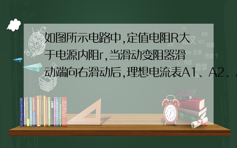 如图所示电路中,定值电阻R大于电源内阻r,当滑动变阻器滑动端向右滑动后,理想电流表A1、A2、A3的示数变化量的绝对值分别为ΔI1、ΔI2、ΔI3,理想电压表示数变化量的绝对值为ΔU,下列说法中正