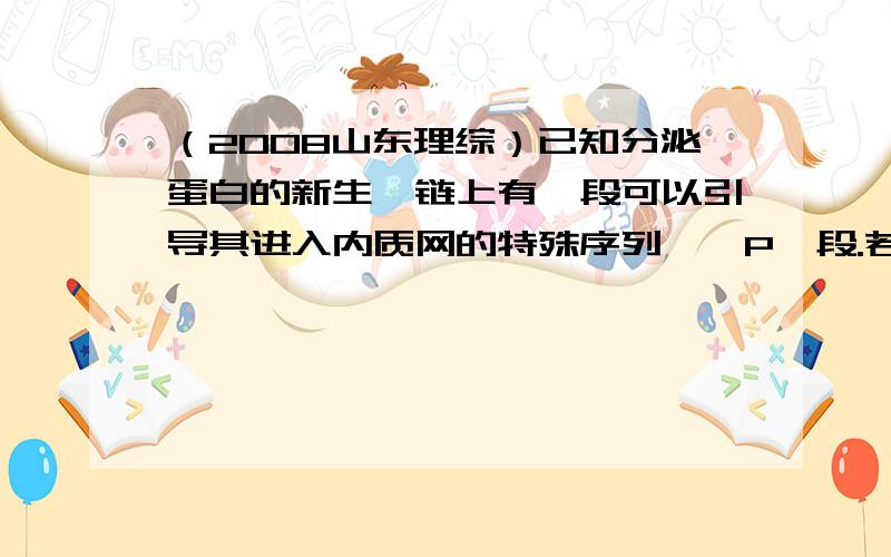 （2008山东理综）已知分泌蛋白的新生肽链上有一段可以引导其进入内质网的特殊序列——P肽段.若P肽段缺失,则该蛋白（ ）A 无法继续合成 B 可以进入高尔基体C 可以被加工成熟 D 无法被分泌