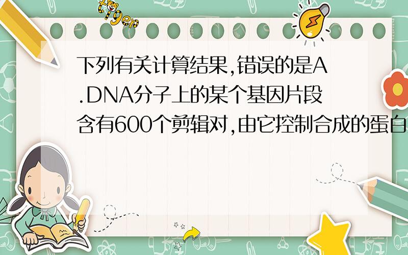 下列有关计算结果,错误的是A.DNA分子上的某个基因片段含有600个剪辑对,由它控制合成的蛋白质分子最多含有的氨基酸数为200个B.用一个被氮15标记的噬菌体（含一个双链DNA分子）去侵染含氮14