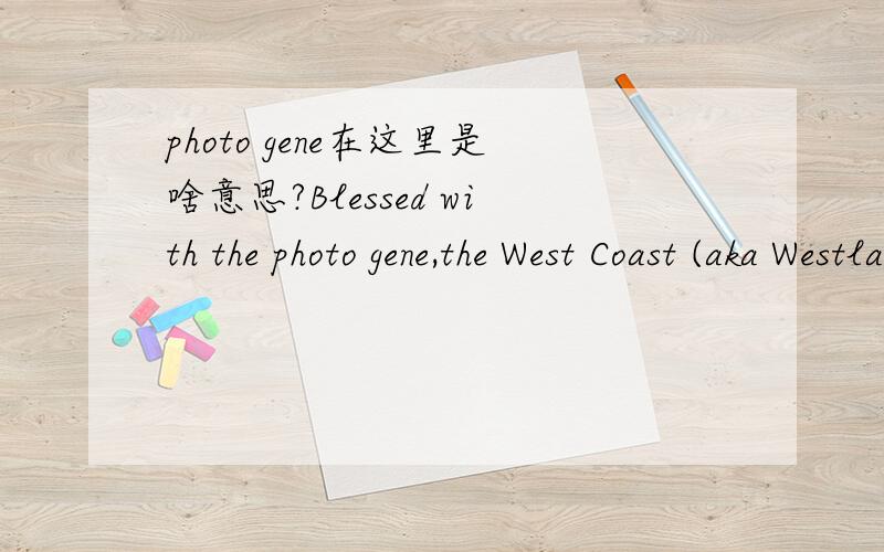 photo gene在这里是啥意思?Blessed with the photo gene,the West Coast (aka Westland) is a surf-battered stretch of craggy coastline soaring up to the summits of the Southern Alps.这是关于新西兰西岸地区的一段文字,photo是照片,ge