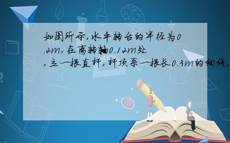 如图所示,水平转台的半径为0.2m,在离转轴0.12m处,立一根直杆,杆顶系一根长0.3m的细线,线的另一端拴一个0.1kg的小球,当转台匀速转动时,小球随着转台一起作匀速圆周运动,拴小球的细线于直杆