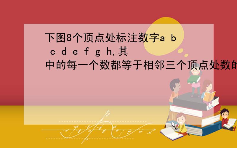 下图8个顶点处标注数字a b c d e f g h,其中的每一个数都等于相邻三个顶点处数的和的1/3,求：（a+b+c+d+e+f+g+h)的值,