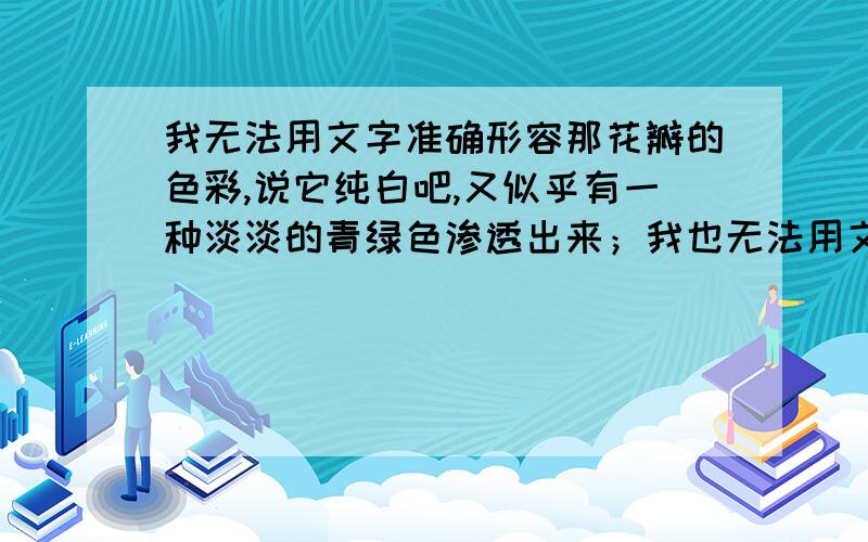 我无法用文字准确形容那花瓣的色彩,说它纯白吧,又似乎有一种淡淡的青绿色渗透出来；我也无法用文字准确形容那花瓣的质感,说它玉琢冰雕吧,它又显得那样柔韧而有弹性.仿写5句左右