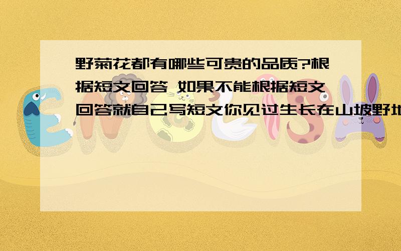 野菊花都有哪些可贵的品质?根据短文回答 如果不能根据短文回答就自己写短文你见过生长在山坡野地上的野菊花吗?你喜爱那漫山遍野的野菊花吗?也许,它们不惹人注目,但我特别喜爱野菊花.