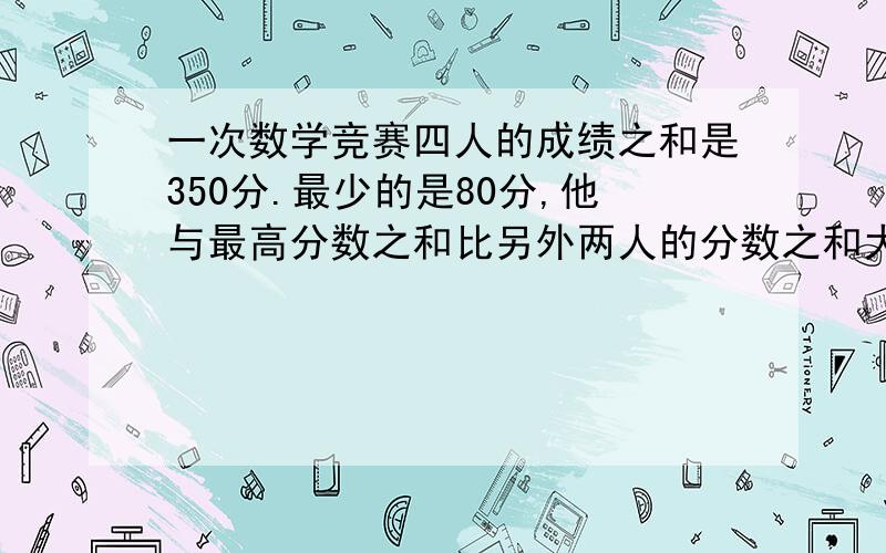 一次数学竞赛四人的成绩之和是350分.最少的是80分,他与最高分数之和比另外两人的分数之和大6分