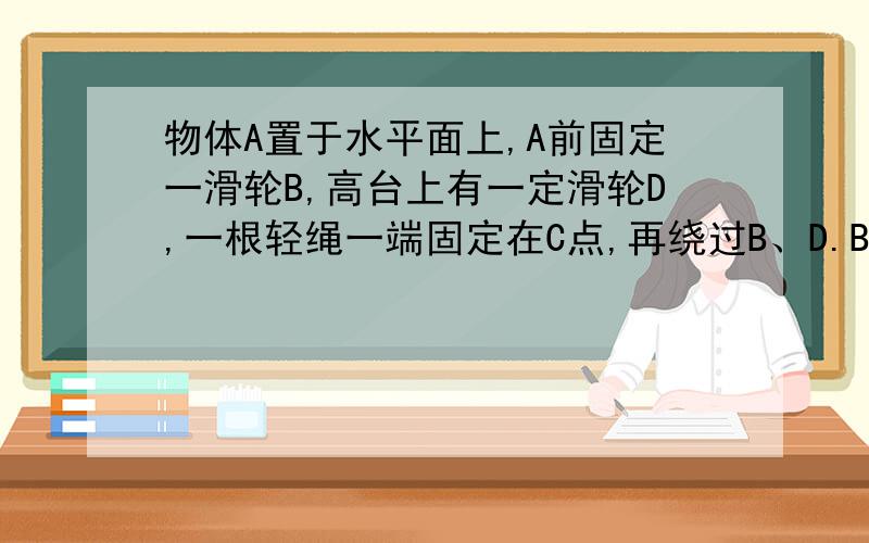 物体A置于水平面上,A前固定一滑轮B,高台上有一定滑轮D,一根轻绳一端固定在C点,再绕过B、D.BC段水平,当以速度vo拉绳子自由端时,A 沿水平面前进,求：当跨过B的两段绳子夹角为ɑ 时A的运动速