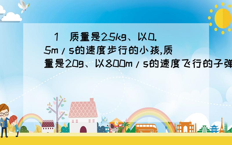 （1）质量是25kg、以0.5m/s的速度步行的小孩,质量是20g、以800m/s的速度飞行的子弹,哪个动量大?