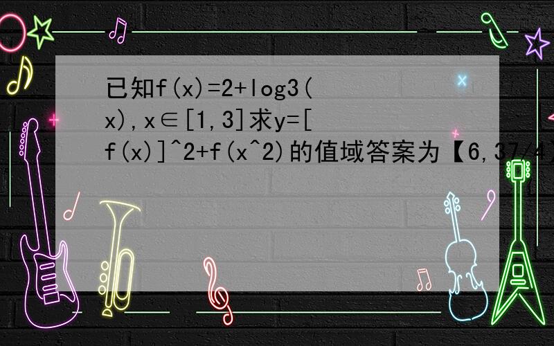 已知f(x)=2+log3(x),x∈[1,3]求y=[f(x)]^2+f(x^2)的值域答案为【6,37/4】由于f(x^2)，为神马不是x∈[-√3,√3]