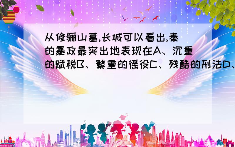 从修骊山墓,长城可以看出,秦的暴政最突出地表现在A、沉重的赋税B、繁重的徭役C、残酷的刑法D、可怕的殉葬