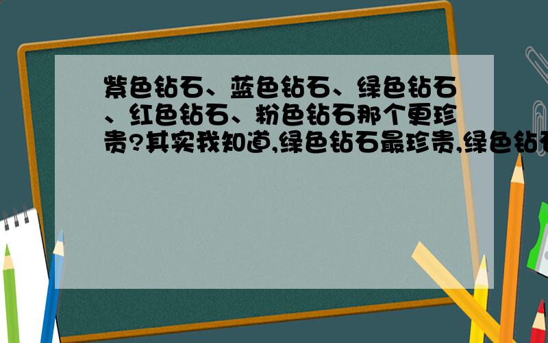 紫色钻石、蓝色钻石、绿色钻石、红色钻石、粉色钻石那个更珍贵?其实我知道,绿色钻石最珍贵,绿色钻石也真的很漂亮,真的很漂亮,比较高雅~每次都能拍出天价~