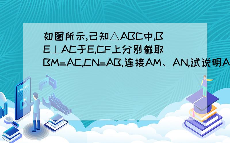 如图所示,已知△ABC中,BE⊥AC于E,CF上分别截取BM=AC,CN=AB,连接AM、AN,试说明AM与AN的关系