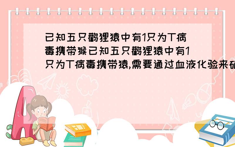 已知五只鹳狸猿中有1只为T病毒携带猴已知五只鹳狸猿中有1只为T病毒携带猿,需要通过血液化验来确定携带猿.血液化验呈阳性者即为T病毒携带猿,呈阴性则不是T病毒携带猿.克里斯想出了下面