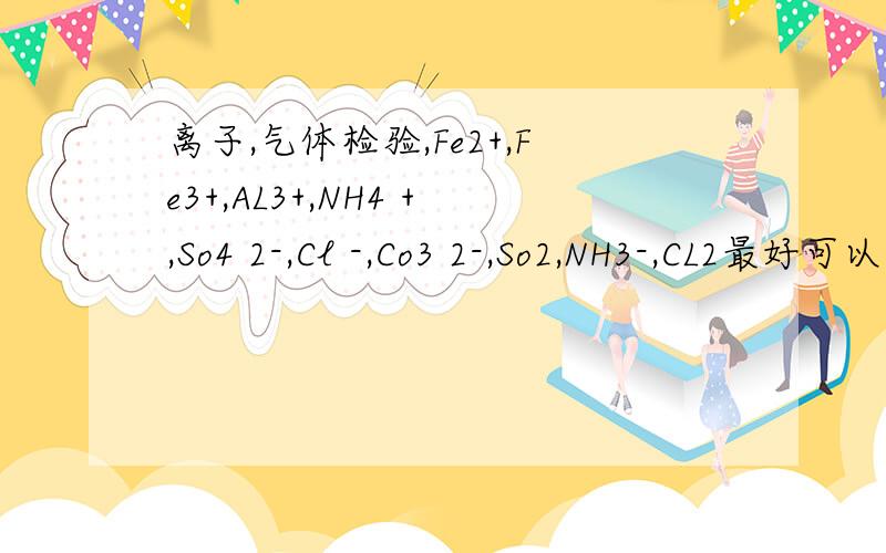 离子,气体检验,Fe2+,Fe3+,AL3+,NH4 +,So4 2-,Cl -,Co3 2-,So2,NH3-,CL2最好可以详细点,做法和现象,