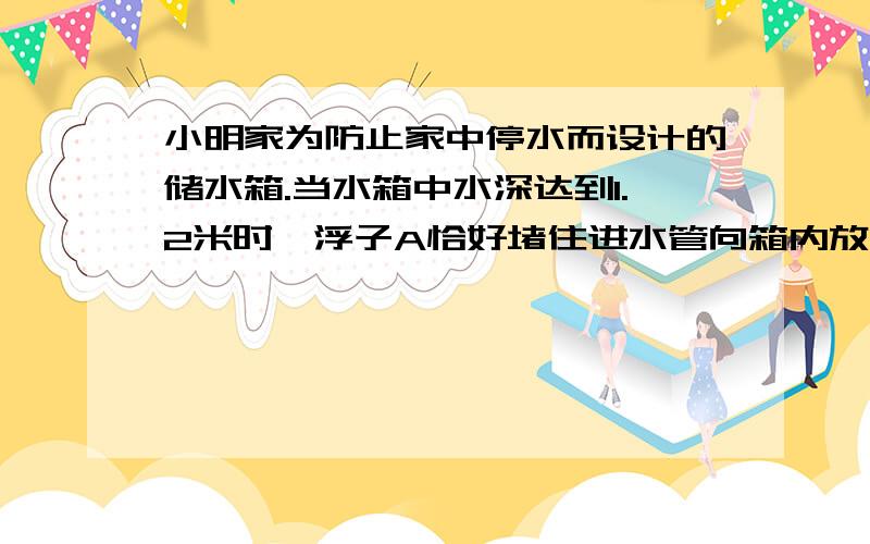 小明家为防止家中停水而设计的储水箱.当水箱中水深达到1.2米时,浮子A恰好堵住进水管向箱内放水此时浮子A有三分之一体积露出水面.若进水管口水的压强为1.2×10的5次方Pa,管口横截面积为2.5