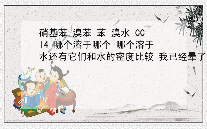 硝基苯 溴苯 苯 溴水 CCl4 哪个溶于哪个 哪个溶于水还有它们和水的密度比较 我已经晕了