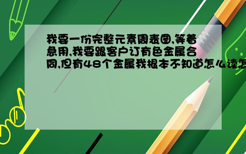 我要一份完整元素周表图,等着急用,我要跟客户订有色金属合同,但有48个金属我根本不知道怎么读怎么写...我要一份完整元素周表图,等着急用,我要跟客户订有色金属合同,但有48个金属我根本