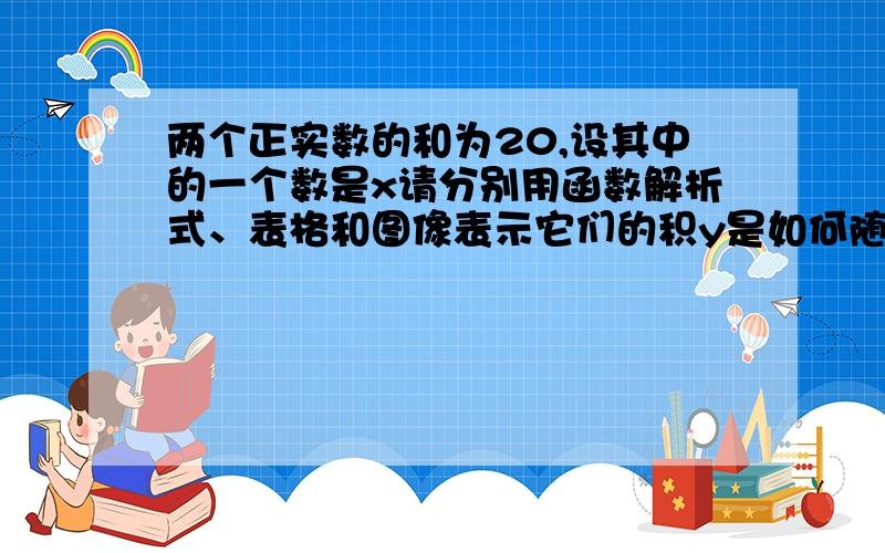 两个正实数的和为20,设其中的一个数是x请分别用函数解析式、表格和图像表示它们的积y是如何随x的变化而变化的,并回答下列问题：（1）自变量x的取值范围是什么?（2）图像的对称轴和顶