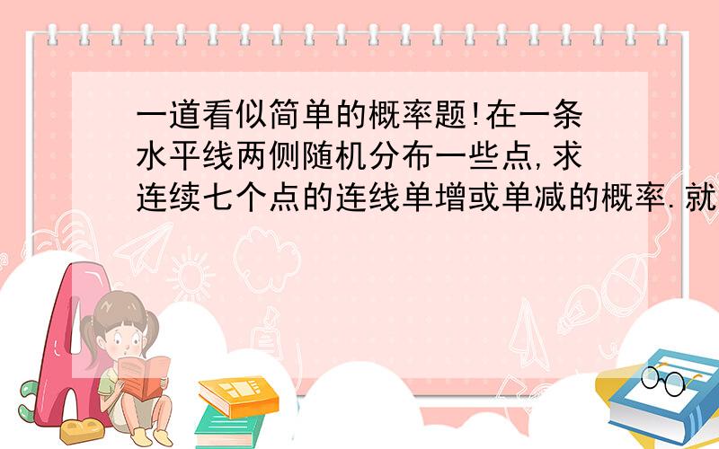 一道看似简单的概率题!在一条水平线两侧随机分布一些点,求连续七个点的连线单增或单减的概率.就是一个平面上，线内线外无所谓，相邻的两个点之间连线