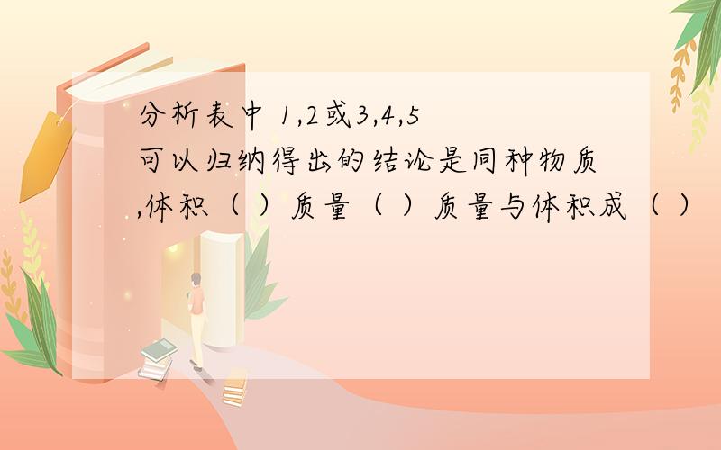 分析表中 1,2或3,4,5可以归纳得出的结论是同种物质,体积（ ）质量（ ）质量与体积成（ ）