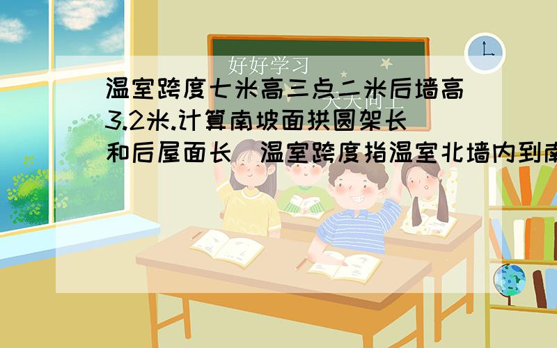 温室跨度七米高三点二米后墙高3.2米.计算南坡面拱圆架长和后屋面长（温室跨度指温室北墙内到南底角距离）