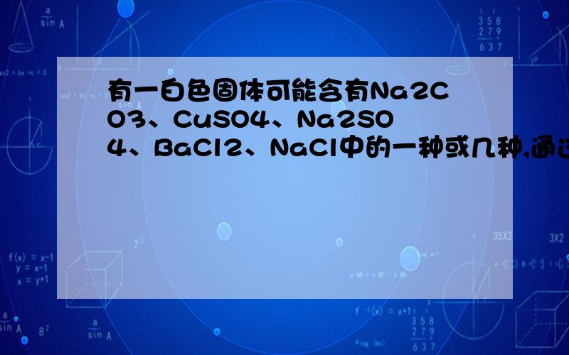 有一白色固体可能含有Na2CO3、CuSO4、Na2SO4、BaCl2、NaCl中的一种或几种,通过以下实验,分析其组成.①取样,加足量的水,充分搅拌,过滤.得到白色沉淀A和无色溶液B； ②在白色沉淀A中加入稀盐酸,