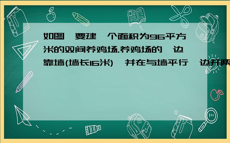 如图,要建一个面积为96平方米的双间养鸡场.养鸡场的一边靠墙(墙长16米),并在与墙平行一边开两道1米宽的门,现有32米长的木板,求养鸡场的长与宽?