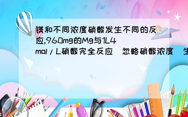 镁和不同浓度硝酸发生不同的反应,960mg的Mg与1L4mol/L硝酸完全反应（忽略硝酸浓度）生成224mL气体气体的成分为50%氮气、30%氢气、10%一氧化氮、10%二氧化氮试写出化学方程式