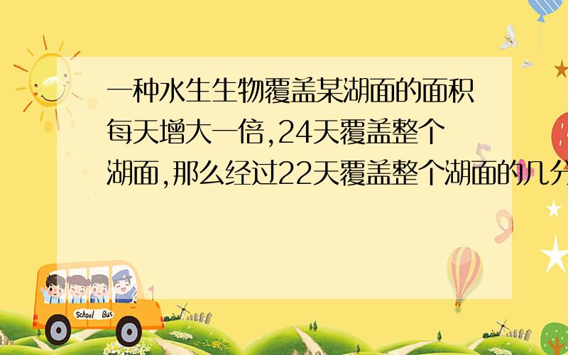 一种水生生物覆盖某湖面的面积每天增大一倍,24天覆盖整个湖面,那么经过22天覆盖整个湖面的几分之几?