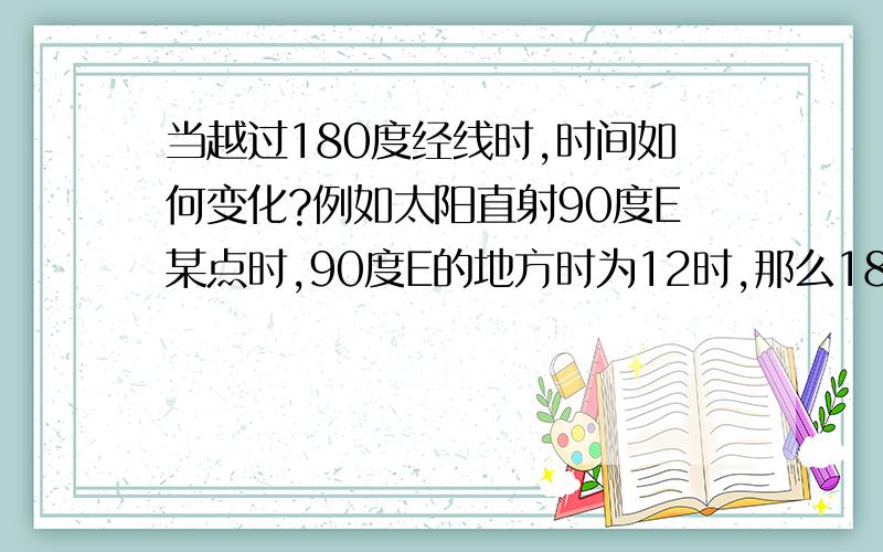 当越过180度经线时,时间如何变化?例如太阳直射90度E某点时,90度E的地方时为12时,那么180度经线的地方时不就是18时了吗?但是越过180度时又要减去一天,那么请问刚刚越过180度E时的地方时为?此