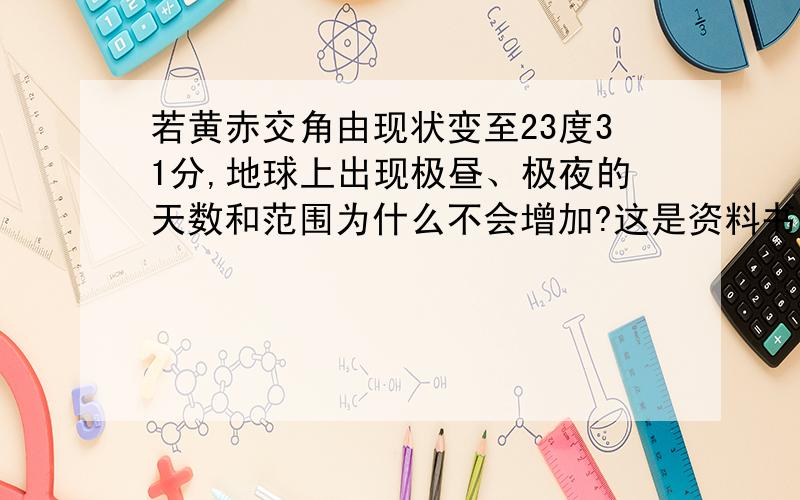 若黄赤交角由现状变至23度31分,地球上出现极昼、极夜的天数和范围为什么不会增加?这是资料书上面的一个选项，