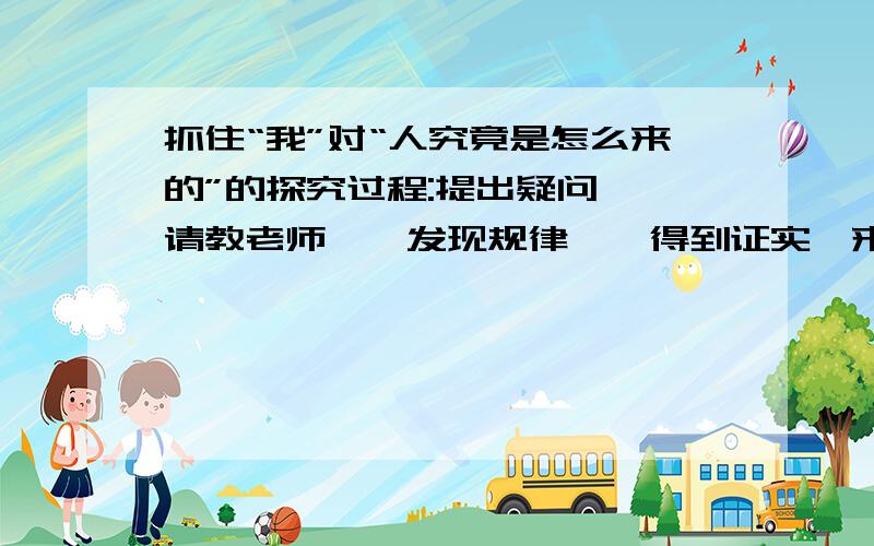 抓住“我”对“人究竟是怎么来的”的探究过程:提出疑问——请教老师——发现规律——得到证实,来概括课文的主要内容.