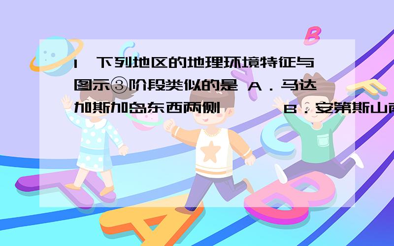 1、下列地区的地理环境特征与图示③阶段类似的是 A．马达加斯加岛东西两侧　　　 B．安第斯山南段东西两侧C．斯堪的纳维亚山脉东西两侧   D．天山山脉南北两侧 可以把除B选项的其他地