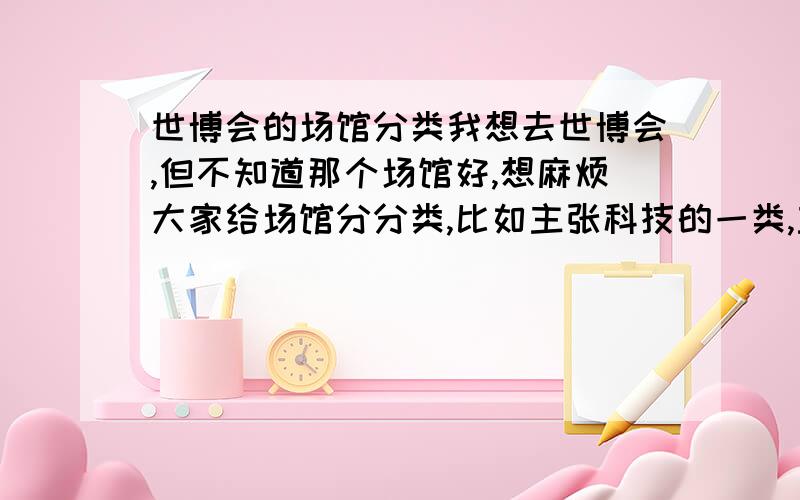 世博会的场馆分类我想去世博会,但不知道那个场馆好,想麻烦大家给场馆分分类,比如主张科技的一类,主张环保的一类,不要说得呢么宽泛好不好?我想知道哪些馆最值得一看,最有代表性