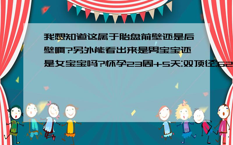 我想知道这属于胎盘前壁还是后壁啊?另外能看出来是男宝宝还是女宝宝吗?怀孕23周+5天:双顶径:62 腹径:前后径:58 左右径61 股骨长度39 肱骨长度37 胎心测反：142bpm,胎盘位置：右侧,胎盘厚度：2