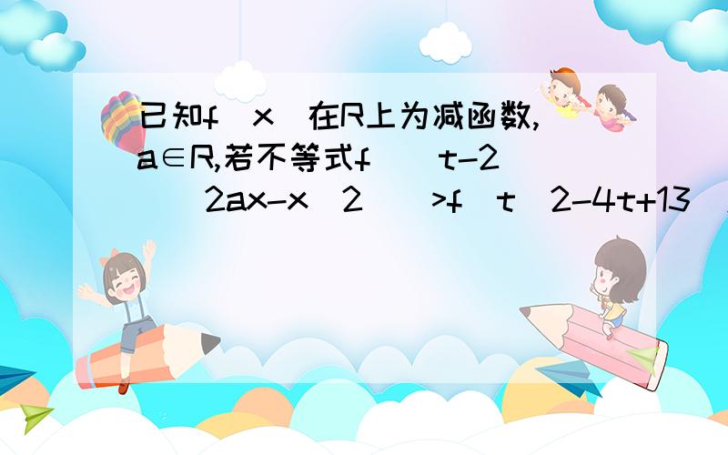 已知f(x)在R上为减函数,a∈R,若不等式f[(t-2)(2ax-x^2)]>f(t^2-4t+13)对t∈[4,6]恒成立求实数x的取值范围